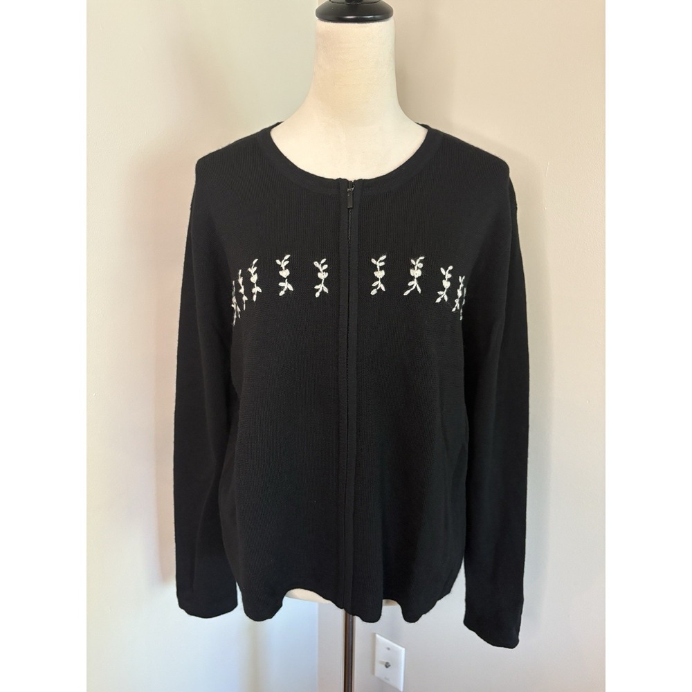 VTG Deane & White Merino Wool Cardigan Sweater XL Black Floral Embroidered Zip